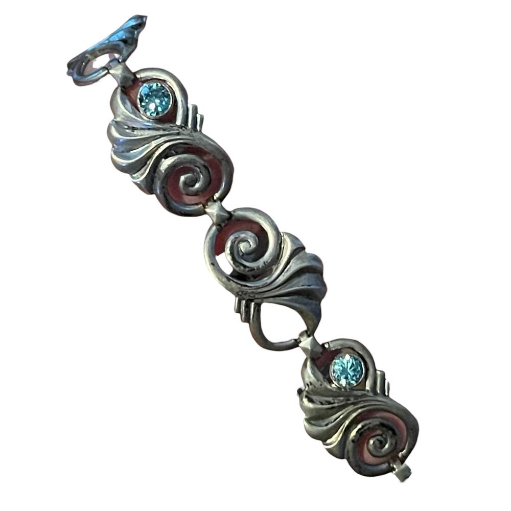 Art Deco Sterling Silver wRe Openwork Fold Over Clasp Bracelet Blue Rhinestone